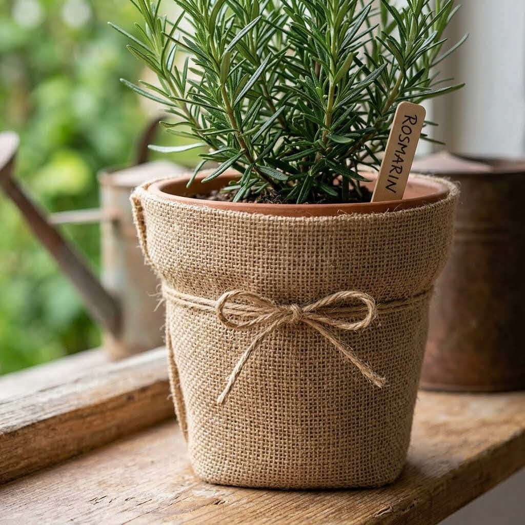 Beispiel eines Blumentopfes mit Jute bezogen, Symbolbild KI