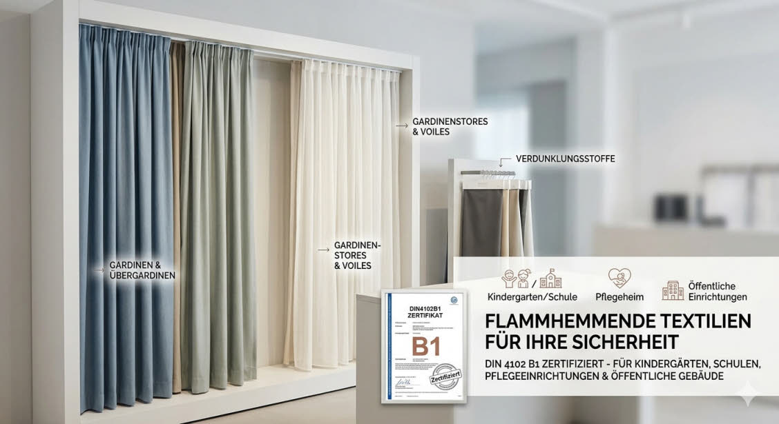 Gardinenstoffe, Verdunklungsstoffe und Stores schwer entflammbar DIN4102B1