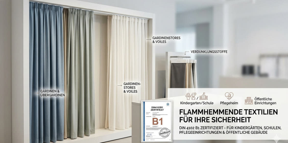 Schwer entflammbare Gardinenstoffe, Verdunklungsstoffe und Stores nach DIN4102B1