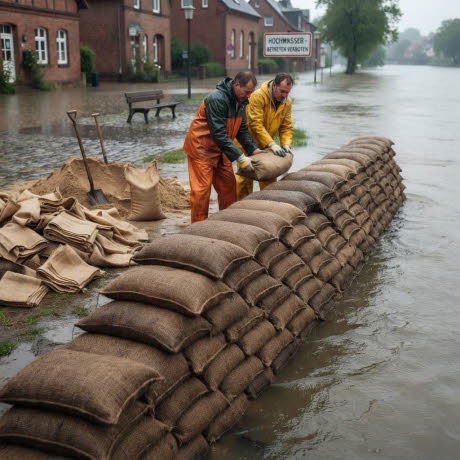 Hochwasserschutz mit Jutesandsäcken mit Sand gefüllt