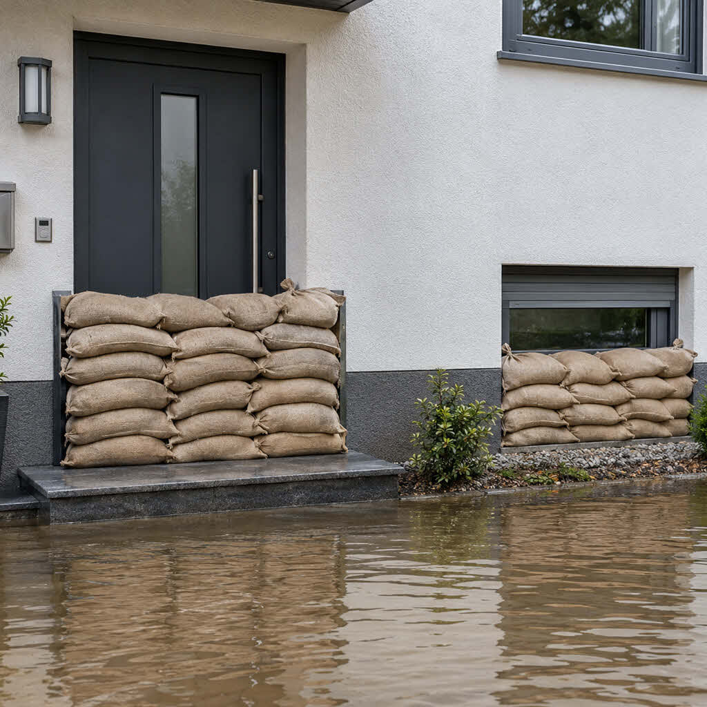 Jutesandsäcke als Hochwasserschutz von Türen und Kellerfenstern beim Haus