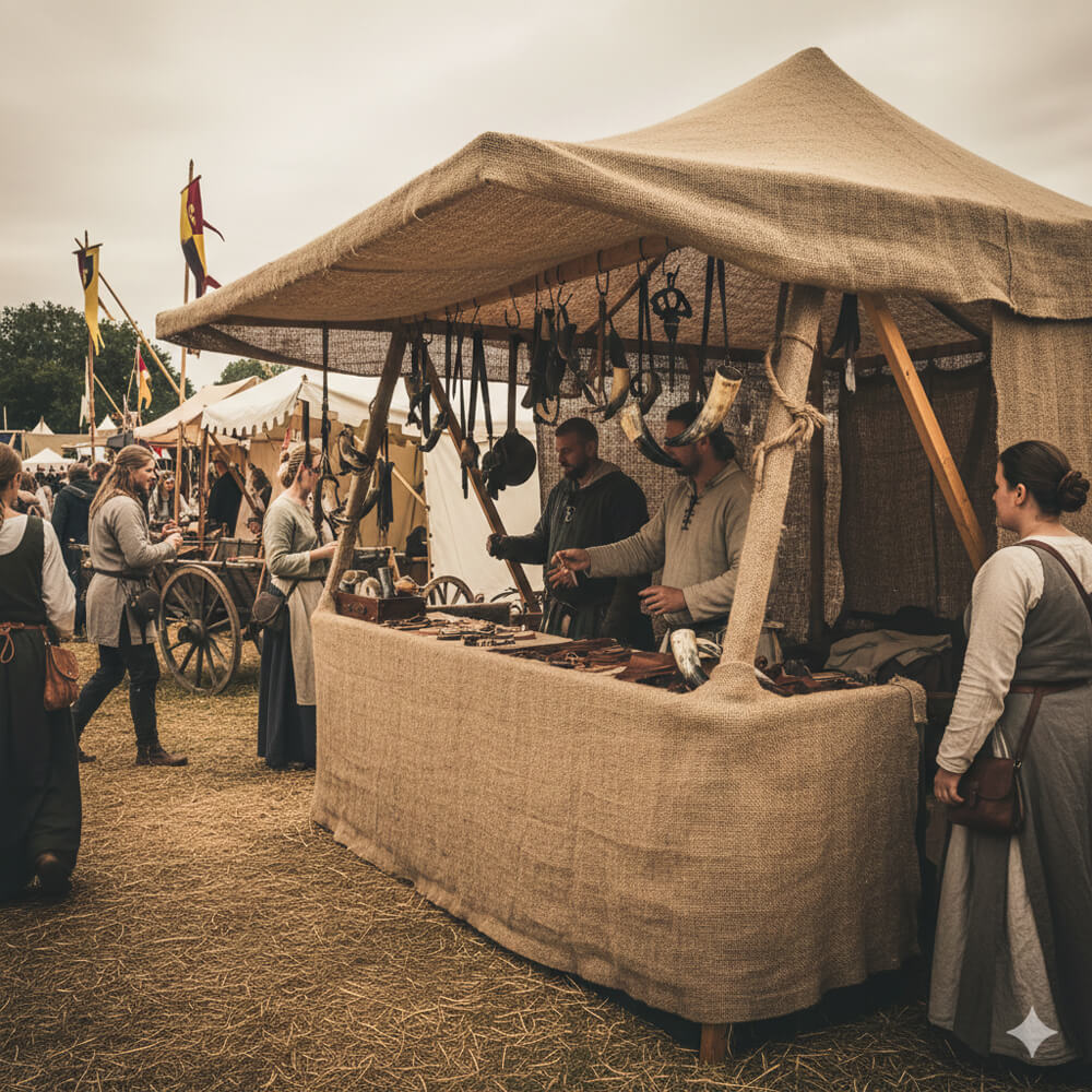 Beispiel der Jute als Verkleidung bei einem Mittelalter Verkaufsstand. Nicht geeignet für Draußen da die Imprägnierung nicht wasserfest ist. 