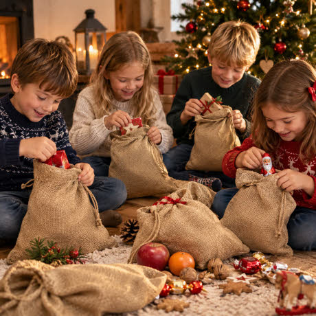Kinder packen in Jutesäckchen verpackte Geschenke aus.