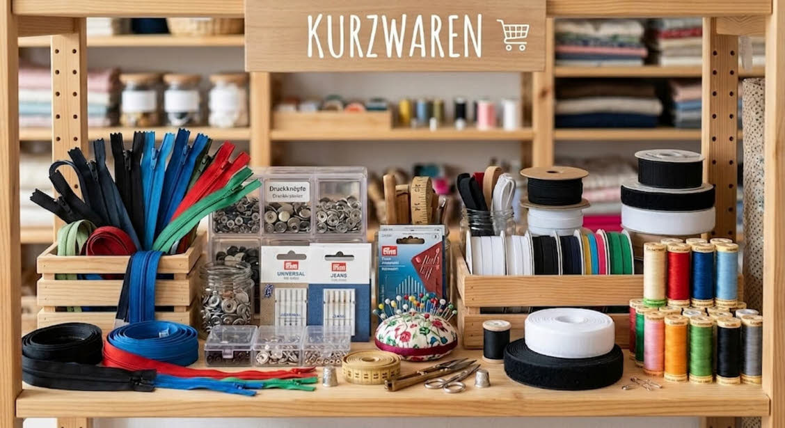 Kurzwaren, Reißverschlüsse, Nadeln, Gummi, Nähseide