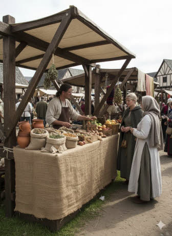 Mittelalter-Marktstand mit Jute