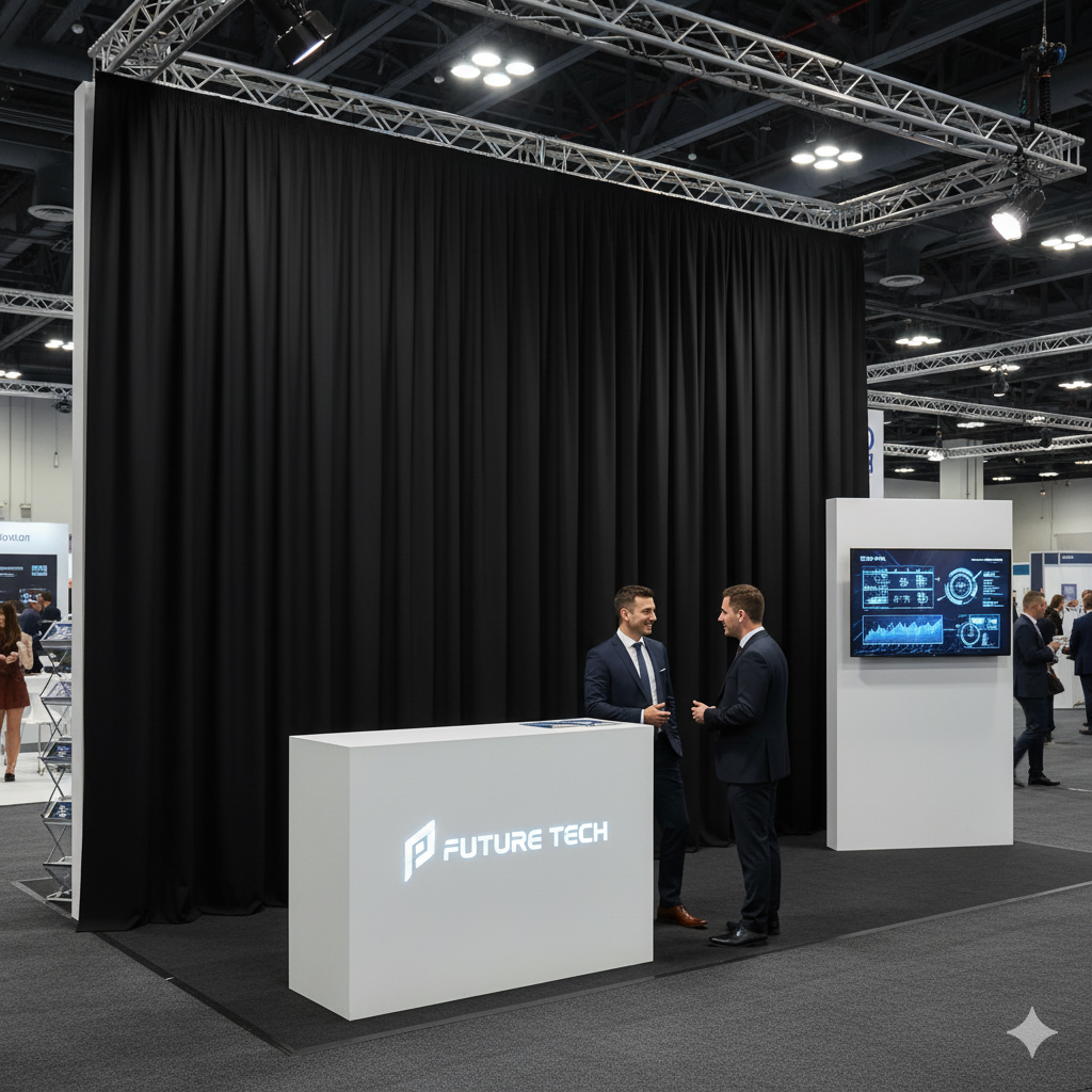 Beispiel eines Messestands mit Gardine aus Nessel