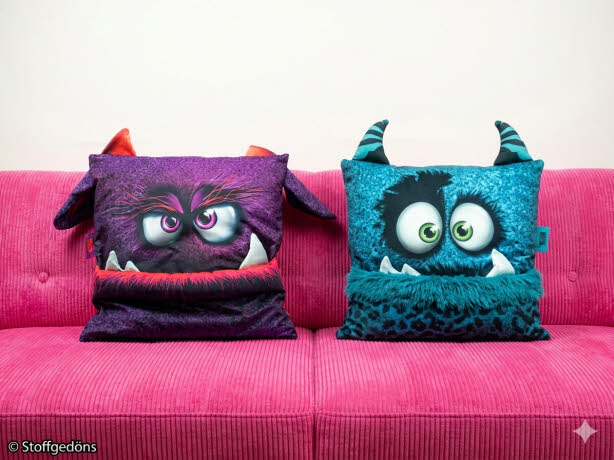 „...und das Beste: Es gibt die coolen Monster auch als Kissen-Panels! 🤩🛋️ Perfekt fürs Sofa oder Kinderzimmer. Einfach ausschneiden, nähen und fertig ist das Kuschel-Monster!“