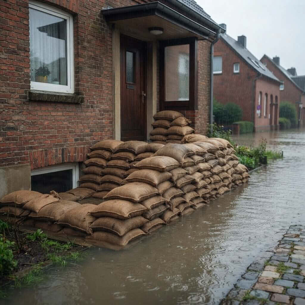 Jutesandsäcke als Hochwasserschutz von Wohnhäusern