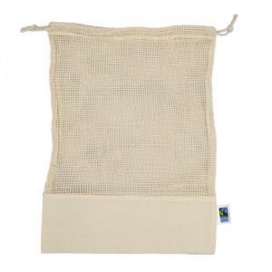 Baumwollsack aus Nessel mit Netz und Kordel zum Verschließen. 