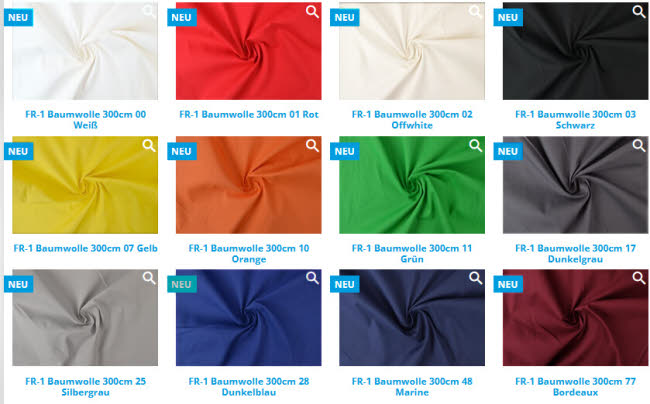 Farbkarte Baumwollstoff schwer entflammbar DIN4102B1