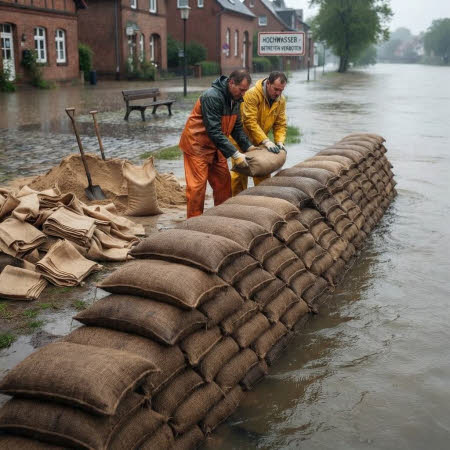 Jutesandsäcke als Hochwasserschutz von Böschungen bei Flüssen und Bächen