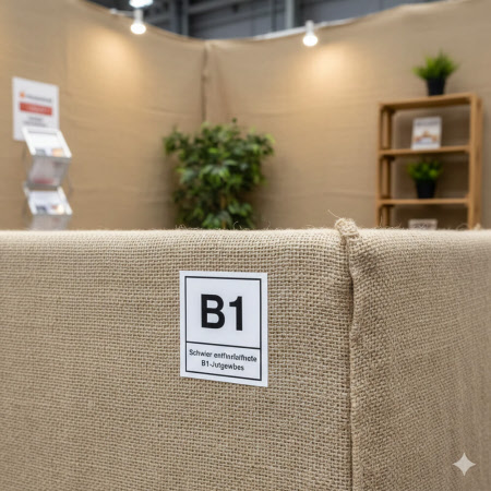 Dekobeispiel der Jute DIN4102B1 für Abtrennungen auf einer Messe
