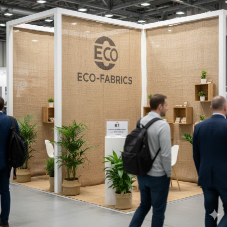 Dekobeispiel Jute B1 auf einer Messe als Wandbespannung