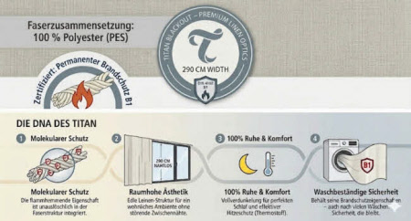 Titan 290 cm Breite. Thermostoff schwer entflammbar nach DIN4102B1