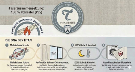 Titan 145 cm Breite. Thermostoff schwer entflammbar nach DIN4102B1