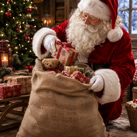 Weihnachtsmann packt Geschenke in großen Jutesack