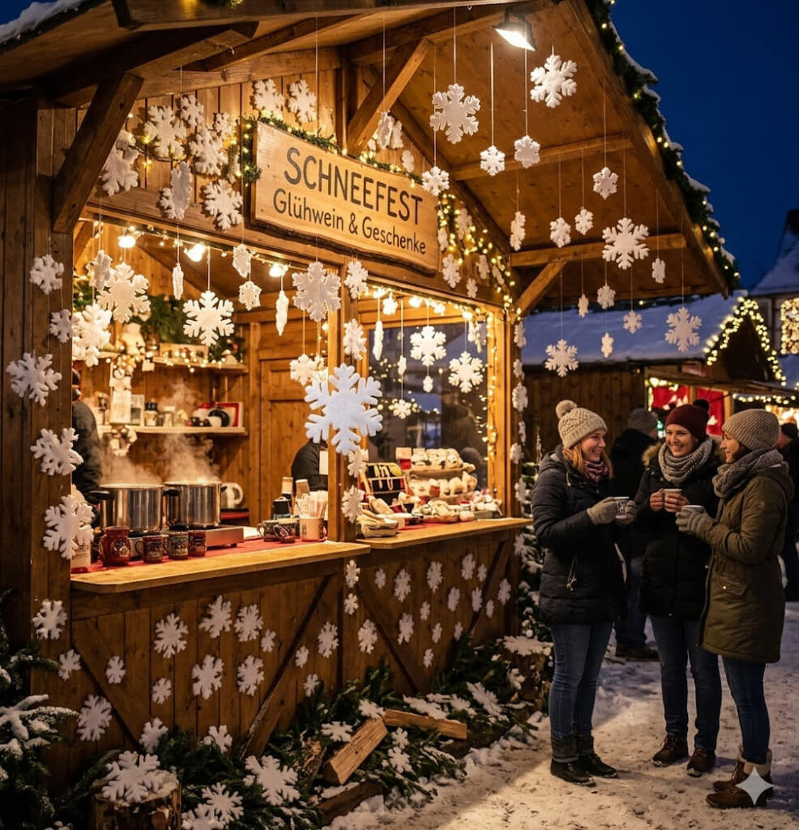 Schneeflocken Deko an einer Verkaufsbude Winter Weihnachtsmarkt